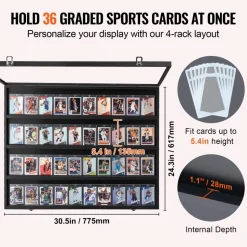 VEVOR 36 Graded Sports Card Display Case, 30.5x24.3x2.1 in, Baseball Card Display Frame with 98% UV Protection Clear View PC Glass, Lockable Wall Cabinet for Football Basketball Hockey Trading Card