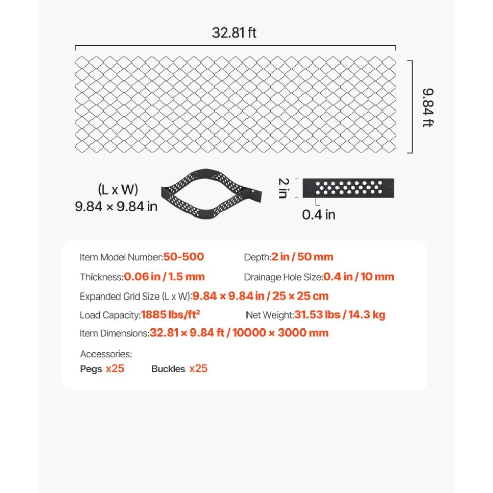 VEVOR Gravel Grid, 2 Inch Depth, 32.81 x 9.84 FT / 10000 x 3000 mm, 1880 LBS Per Sq ft Grass Ground Retainer, Permeable Geo Grids Driveway Stabilization, for Garden, Patio, Walkway, RV Parking Slopes
