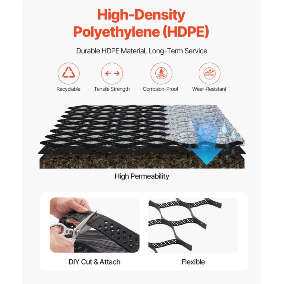 VEVOR Gravel Grid, 2 Inch Depth, 32.81 x 9.84 FT / 10000 x 3000 mm, 1880 LBS Per Sq ft Grass Ground Retainer, Permeable Geo Grids Driveway Stabilization, for Garden, Patio, Walkway, RV Parking Slopes