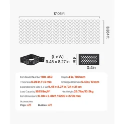 VEVOR Gravel Grid, 3 Inch Depth, 17.06 x 8.86 FT / 5200 x 2700 mm, 1880 LBS Per Sq ft Grass Ground Retainer, Permeable Geo Grids Driveway Stabilization, for Garden, Patio, Walkway, RV Parking Slopes