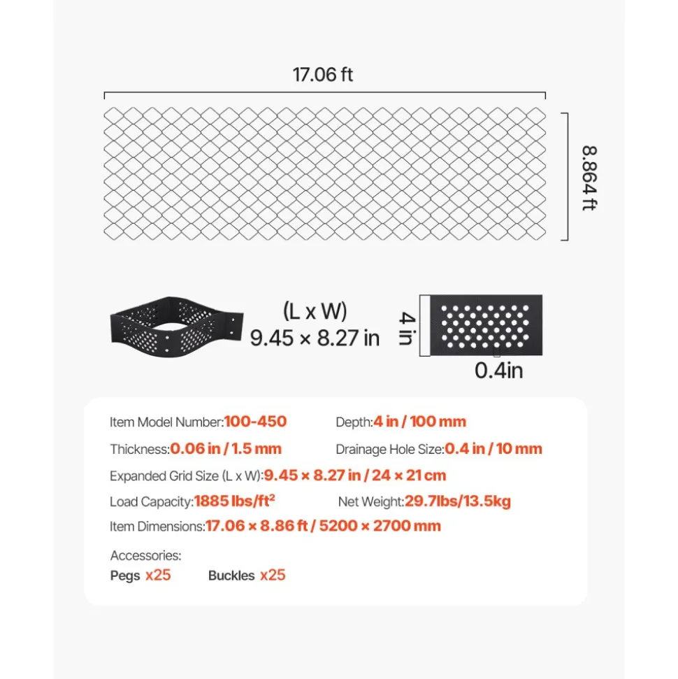 VEVOR Gravel Grid, 3 Inch Depth, 17.06 x 8.86 FT / 5200 x 2700 mm, 1880 LBS Per Sq ft Grass Ground Retainer, Permeable Geo Grids Driveway Stabilization, for Garden, Patio, Walkway, RV Parking Slopes