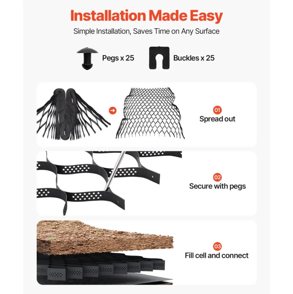 VEVOR Gravel Grid, 2 Inch Depth, 16.4 x 6.5 FT / 5000 x 1980 mm, 1880 LBS Per Sq ft Grass Ground Retainer, Permeable Geo Grids Driveway Stabilization, for Garden, Patio, Walkway, RV Parking Slopes