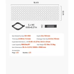 VEVOR Gravel Grid, 2 Inch Depth, 16.4 x 6.5 FT / 5000 x 1980 mm, 1880 LBS Per Sq ft Grass Ground Retainer, Permeable Geo Grids Driveway Stabilization, for Garden, Patio, Walkway, RV Parking Slopes