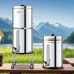 VEVOR Gravity-fed Water Filter System, 2.25G 304 Stainless-Steel Countertop Water Filtration System, Reduces Lead and up to 99% of Chlorine, with 2 Ceramic Carbon Filters, Water Level  Spigot, Stand