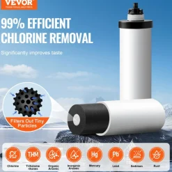 VEVOR Gravity-fed Water Filter System, 2.25G 304 Stainless-Steel Countertop Water Filtration System, Reduces Lead and up to 99% of Chlorine, with 2 Ceramic Carbon Filters, Water Level Spigot, Stand