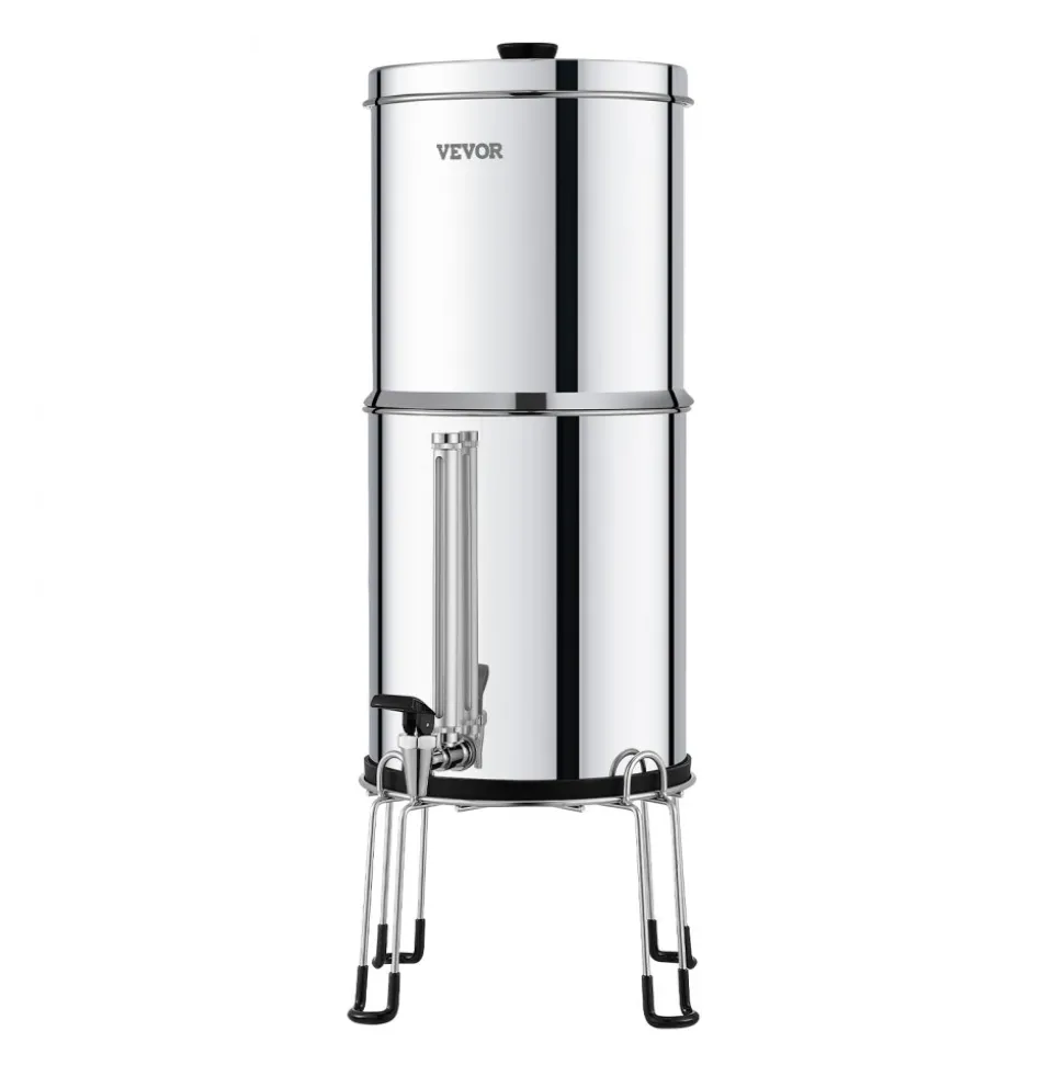 VEVOR Gravity-fed Water Filter System, 2.25G 304 Stainless-Steel Countertop Water Filtration System, Reduces Lead and up to 99% of Chlorine, with 2 Ceramic Carbon Filters, Water Level Spigot, Stand