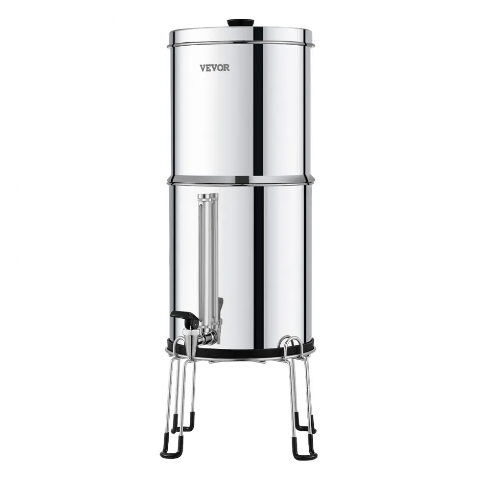 VEVOR Gravity-fed Water Filter System, 2.25G 304 Stainless-Steel Countertop System, Water Filtration System, Reduces Lead and up to 99% of Chlorine, with 2 Carbon Filters, Water Level Spigot, Stand