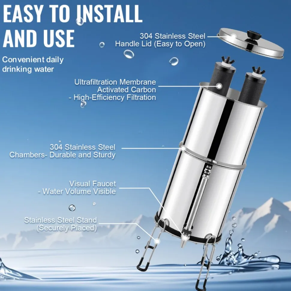 VEVOR Gravity-fed Water Filter System, 2.25G 304 Stainless-Steel Countertop System, Water Filtration System, Reduces Lead and up to 99% of Chlorine, with 2 Carbon Filters, Water Level Spigot, Stand