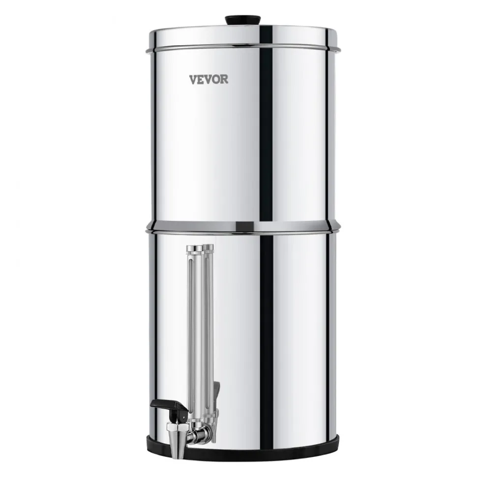 VEVOR Gravity-fed Water Filter System, 2.25G 304 Stainless-Steel Countertop Water Filtration System, Reduces Lead and up to 99% of Chlorine, with 2 Ceramic Carbon Filters, Spigot, and Stand