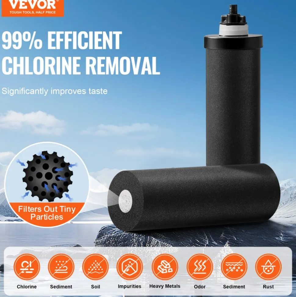 VEVOR Gravity-fed Water Filter System, 2.25G 304 Stainless-Steel Countertop Water Filtration System, Reduces Lead and up to 99% of Chlorine, with 2 Ceramic Carbon Filters, Spigot, and Stand