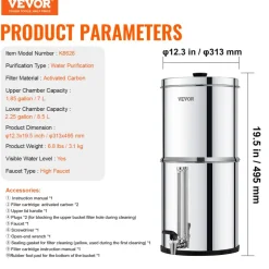 VEVOR Gravity-fed Water Filter System, 2.25G 304 Stainless-Steel Countertop Water Filtration System, Reduces Lead and up to 99% of Chlorine, with 2 Ceramic Carbon Filters, Spigot, and Stand