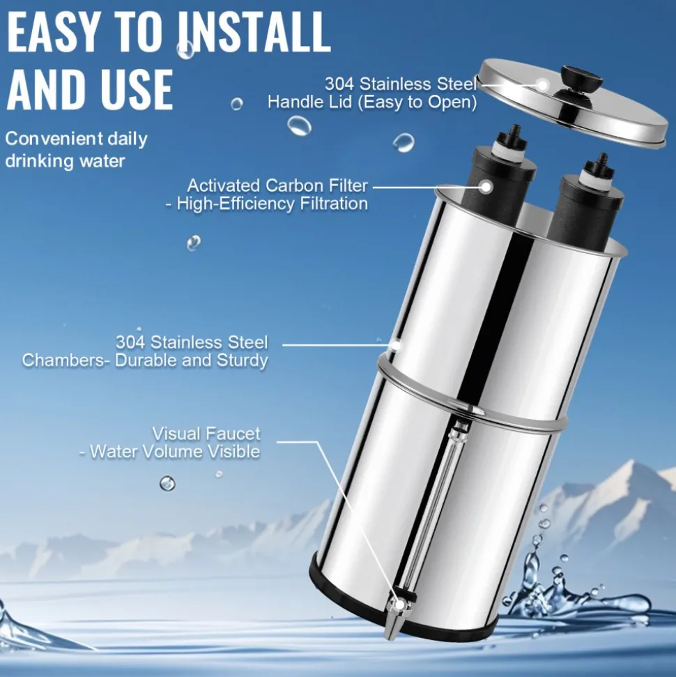 VEVOR Gravity-fed Water Filter System, 2.25G 304 Stainless-Steel Countertop Water Filtration System, Reduces Lead and up to 99% of Chlorine, with 2 Ceramic Carbon Filters, Spigot, and Stand