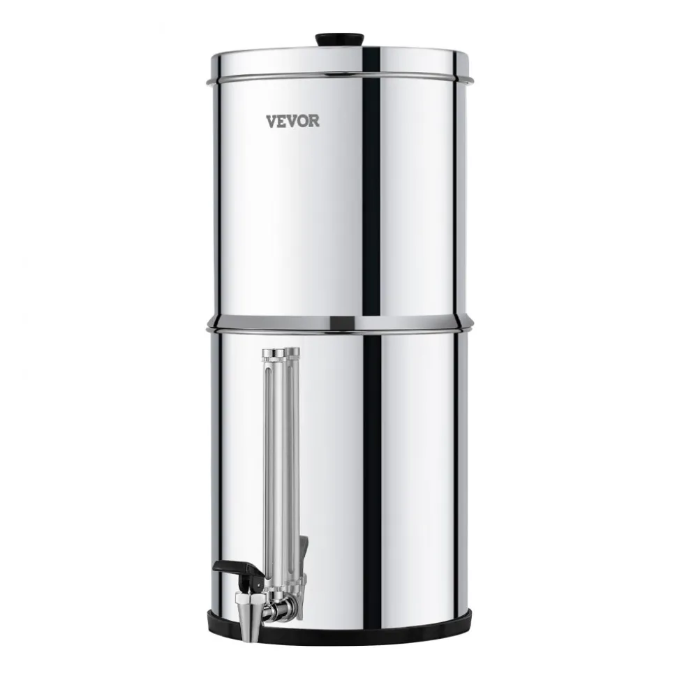 VEVOR Gravity-fed Water Filter System, 2.25G 304 Stainless-Steel Countertop Water Filtration System, Reduces Lead and up to 99% of Chlorine, with 2 Ceramic Carbon Filters, Spigot, and Stand