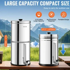 VEVOR Gravity-fed Water Filter System, 2.25G 304 Stainless-Steel Countertop Water Filtration System, Reduces Lead and up to 99% of Chlorine, with 2 Ceramic Carbon Filters, Spigot, and Stand