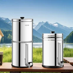 VEVOR Gravity-fed Water Filter System, 2.25G 304 Stainless-Steel Countertop Water Filtration System, Reduces Lead and up to 99% of Chlorine, with 2 Ceramic Carbon Filters, Spigot, and Stand