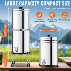 VEVOR Gravity-fed Water Filter System, 2.25G 304 Stainless-Steel Countertop Water Filtration System, Reduces Lead and up to 99% of Chlorine, with 2 Carbon Filters/Spigot/Stand, for Home Camping RV