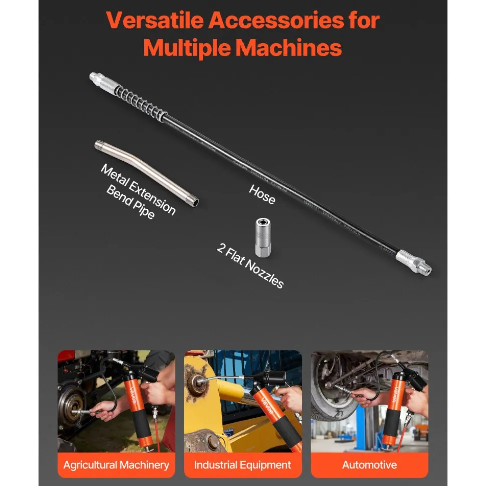 VEVOR Grease Gun, Continuous Cycle Heavy Duty 6000 PSI High Pressure, Pistol Grip Grease Gun Kit with 14 oz Capacity, Includes 18-Inch Flex Hose, 1 Extension Rigid Pipe, 2 Flat Nozzles for Automotive