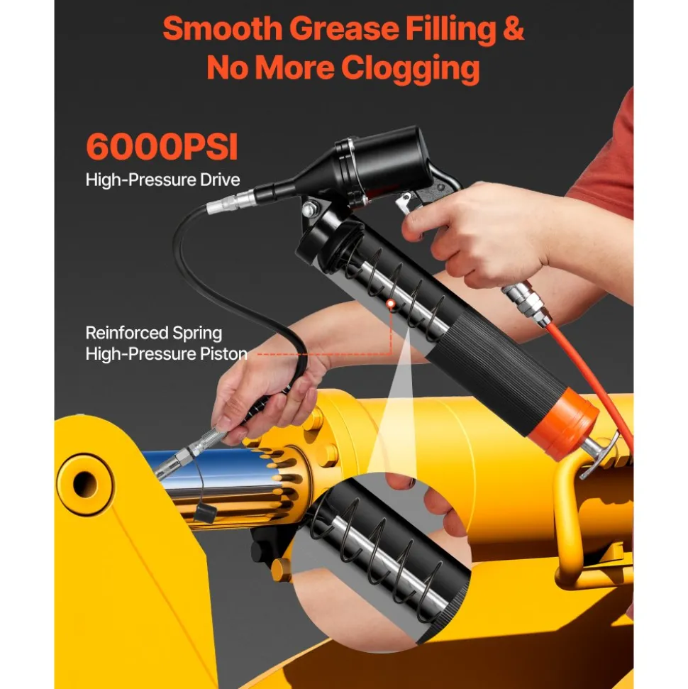 VEVOR Grease Gun, Continuous Cycle Heavy Duty 6000 PSI High Pressure, Pistol Grip Grease Gun Kit with 14 oz Capacity, Includes 18-Inch Flex Hose, 1 Extension Rigid Pipe, 2 Flat Nozzles for Automotive