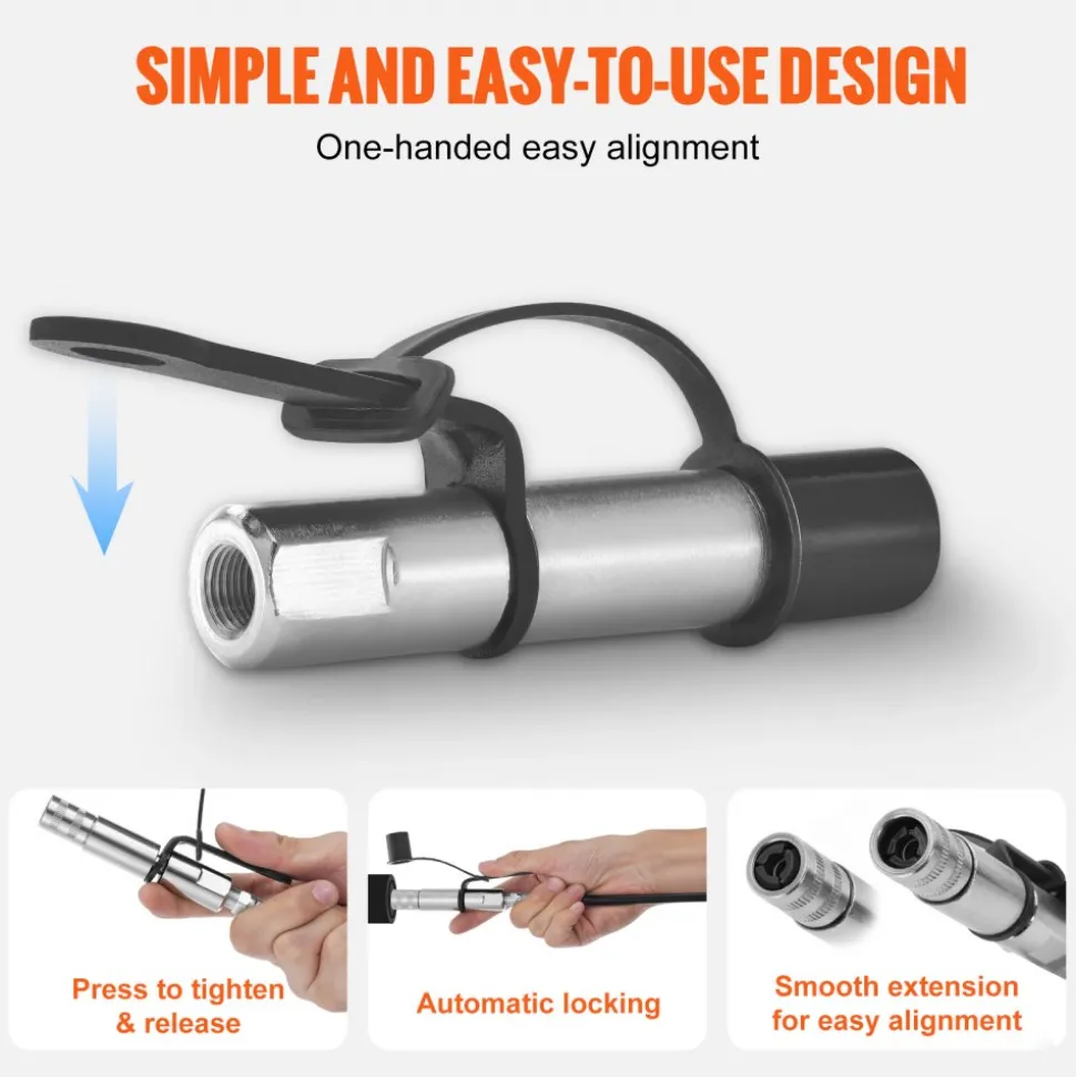 VEVOR Grease Gun Coupler, 10000 PSI High Pressure, 3-Jaw Locking, Quick Release Grease Gun Tip with Hose/Zerk Fittings Cleaner/Leak-Proof Cap, Compatible with All Grease Guns 1/8" NPT Grease Fittings