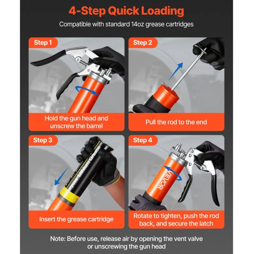 VEVOR Grease Gun, 10000 PSI High Pressure, Heavy Duty Pistol Grip Grease Gun Kit with 14 oz Capacity, Includes 18-Inch Flex Hose, 1 Extension Rigid Pipe and 1 Sharp Type Nozzle for Automotive, Marine