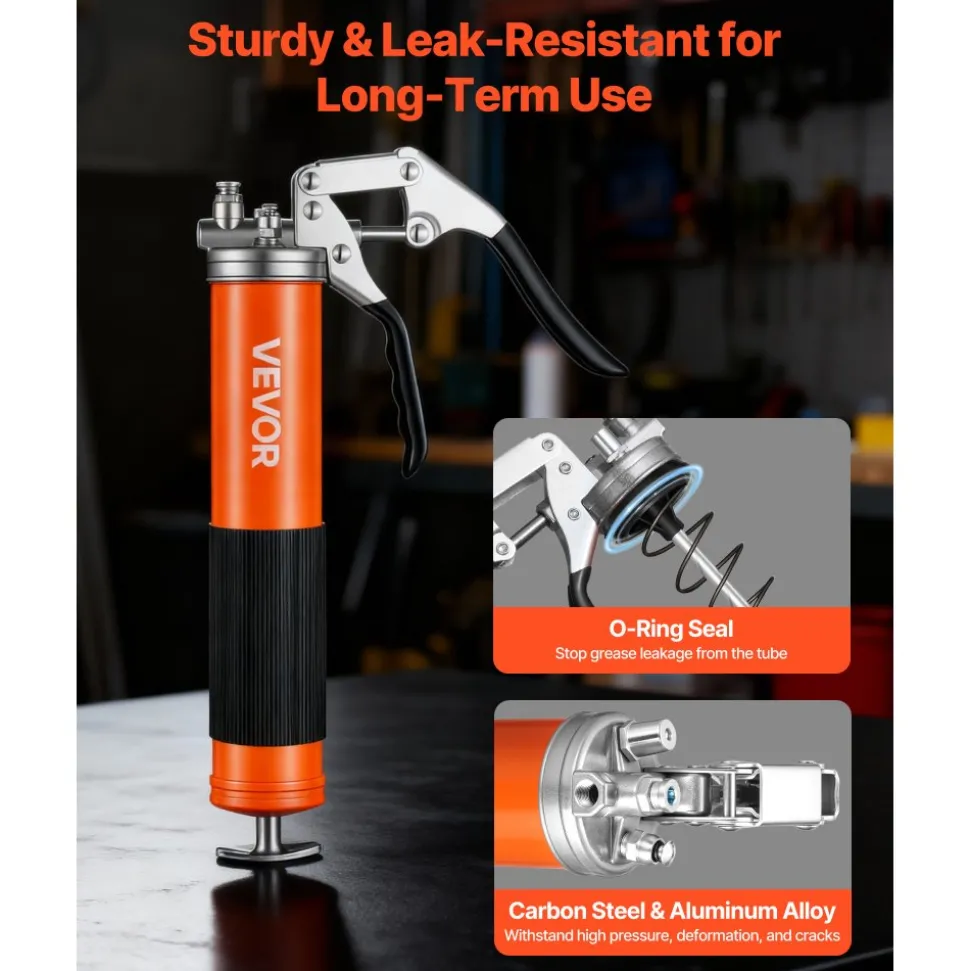 VEVOR Grease Gun, 10000 PSI High Pressure, Heavy Duty Pistol Grip Grease Gun Kit with 14 oz Capacity, Includes 18-Inch Flex Hose, 1 Extension Rigid Pipe and 1 Sharp Type Nozzle for Automotive, Marine