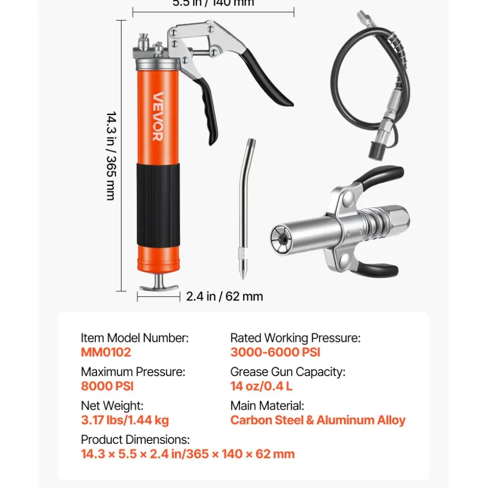 VEVOR Grease Gun, 8000 PSI, Pistol Grip Grease Gun Kit with 14 oz Capacity, Includes 18-Inch Flex Hose, Double Handle Grease Coupler, Extension Rigid Pipe & Sharp Type Nozzle for Automotive, Marine