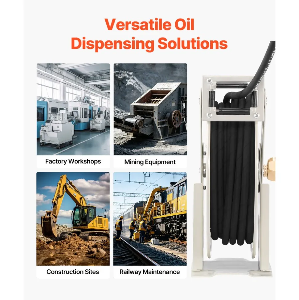 VEVOR Grease Hose Reel, 1/4 in x 50 ft Retractable, Spring Driven Auto Swivel Rewind, Max 10152 PSI, Heavy-Duty Carbon Steel Construction with Steel Wire Braided Hose, for Lube, Grease, Hydraulic Oil