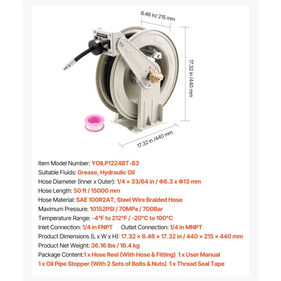 VEVOR Grease Hose Reel, 1/4 in x 50 ft Retractable, Spring Driven Auto Swivel Rewind, Max 10152 PSI, Heavy-Duty Carbon Steel Construction with Steel Wire Braided Hose, for Lube, Grease, Hydraulic Oil