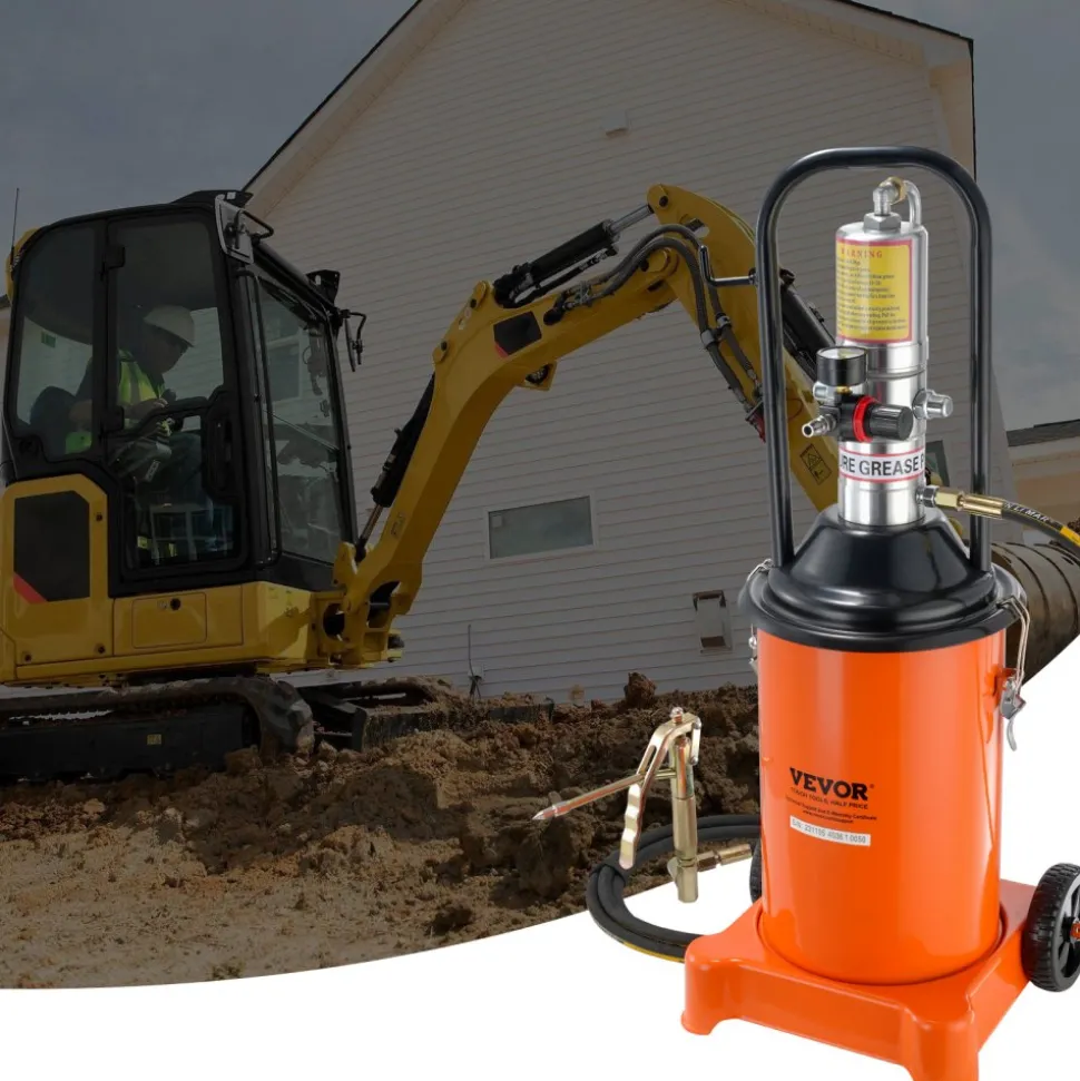 VEVOR Grease Pump, 3 Gallon 12L, Air Operated Grease Pump with 13 ft High Pressure Hose and Grease Gun, Pneumatic Grease Bucket Pump with Wheels, Portable Lubrication Grease Pump 50:1 Pressure Ratio