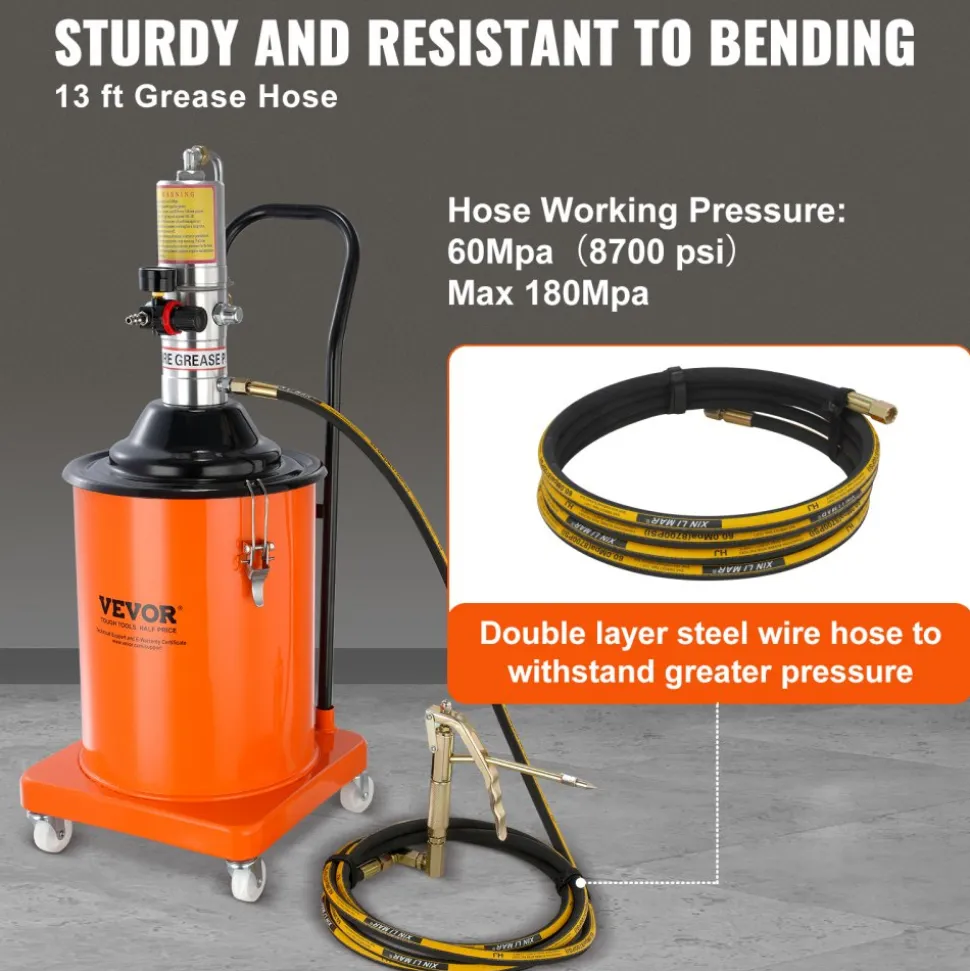 VEVOR Grease Pump, 5 Gallon 20L, Air Operated Grease Pump with 13 ft High Pressure Hose and Grease Gun, Pneumatic Grease Bucket Pump with Wheels, Portable Lubrication Grease Pump 50:1 Pressure Ratio