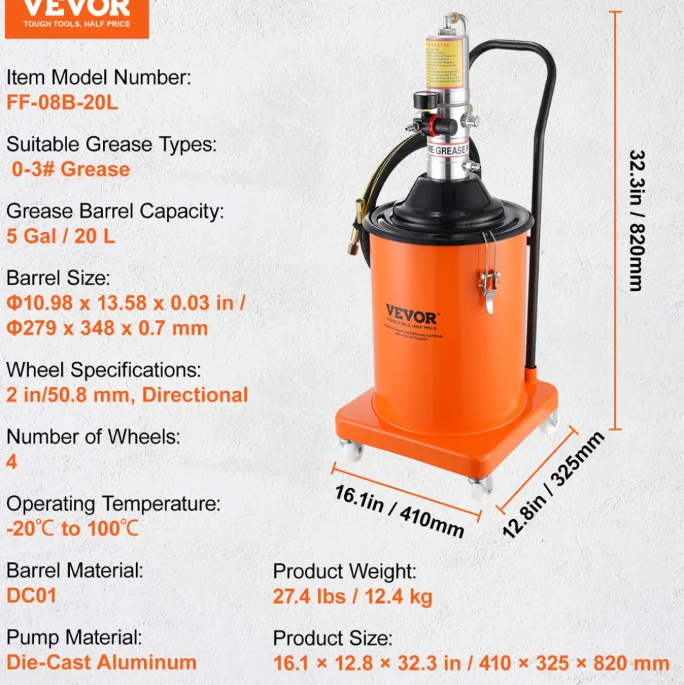 VEVOR Grease Pump, 5 Gallon 20L, Air Operated Grease Pump with 13 ft High Pressure Hose and Grease Gun, Pneumatic Grease Bucket Pump with Wheels, Portable Lubrication Grease Pump 50:1 Pressure Ratio