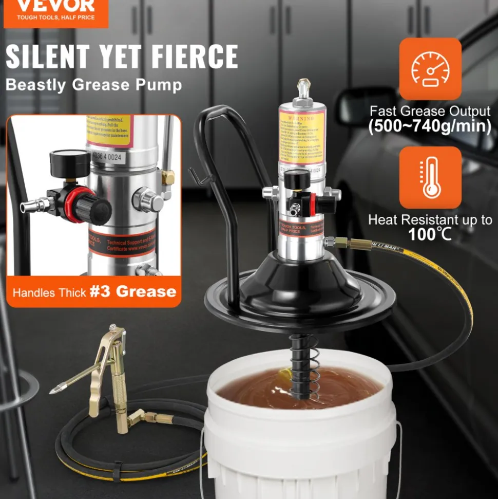 VEVOR Grease Pump, 50:1 Pressure Ratio Air Operated Grease Pump with 13 ft High Pressure Hose and Grease Gun, Pneumatic Grease Pump with Barrel Cap, Portable Lubrication Grease Pump 360° Gun Head