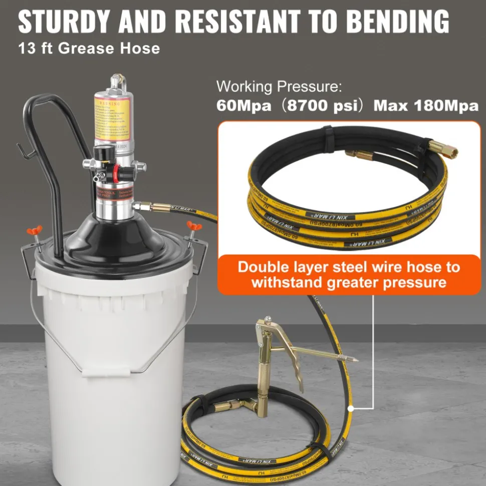 VEVOR Grease Pump, 50:1 Pressure Ratio Air Operated Grease Pump with 13 ft High Pressure Hose and Grease Gun, Pneumatic Grease Pump with Barrel Cap, Portable Lubrication Grease Pump 360° Gun Head