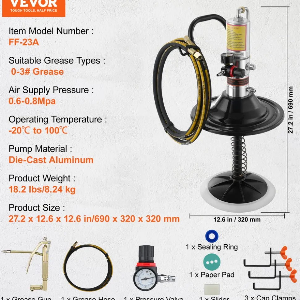 VEVOR Grease Pump, 50:1 Pressure Ratio Air Operated Grease Pump with 13 ft High Pressure Hose and Grease Gun, Pneumatic Grease Pump with Barrel Cap, Portable Lubrication Grease Pump 360° Gun Head