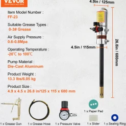 VEVOR Grease Pump, 50:1 Pressure Ratio Air Operated Grease Pump with 13 ft High Pressure Hose and Grease Gun, Pneumatic Grease Pump, Portable Lubrication Grease Pump with 360° Swivel Grease Gun Head