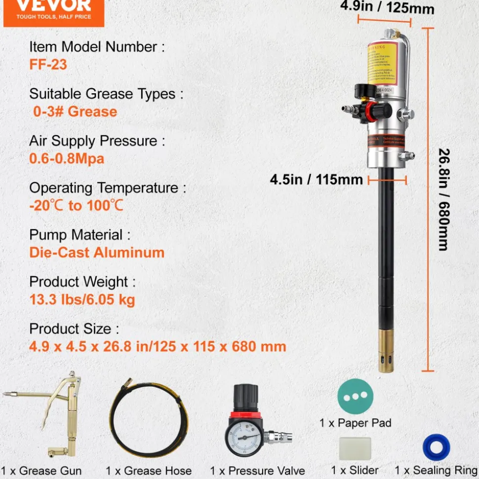 VEVOR Grease Pump, 50:1 Pressure Ratio Air Operated Grease Pump with 13 ft High Pressure Hose and Grease Gun, Pneumatic Grease Pump, Portable Lubrication Grease Pump with 360° Swivel Grease Gun Head