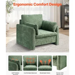 VEVOR Green Accent Chair, Modern Upholstered Accent Chair with Armrests, Cloth Arm Chairs with Thick Cushion and Arched Backrest, Single Fabric Armchair for Living Room, Bedroom, Study, Office