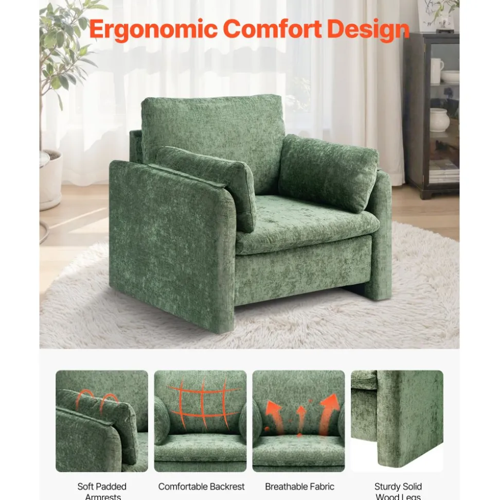 VEVOR Green Accent Chair, Modern Upholstered Accent Chair with Armrests, Cloth Arm Chairs with Thick Cushion and Arched Backrest, Single Fabric Armchair for Living Room, Bedroom, Study, Office