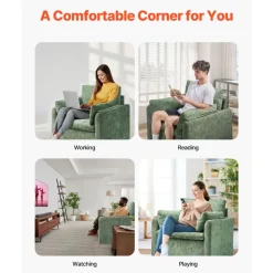 VEVOR Green Accent Chair, Modern Upholstered Accent Chair with Armrests, Cloth Arm Chairs with Thick Cushion and Arched Backrest, Single Fabric Armchair for Living Room, Bedroom, Study, Office