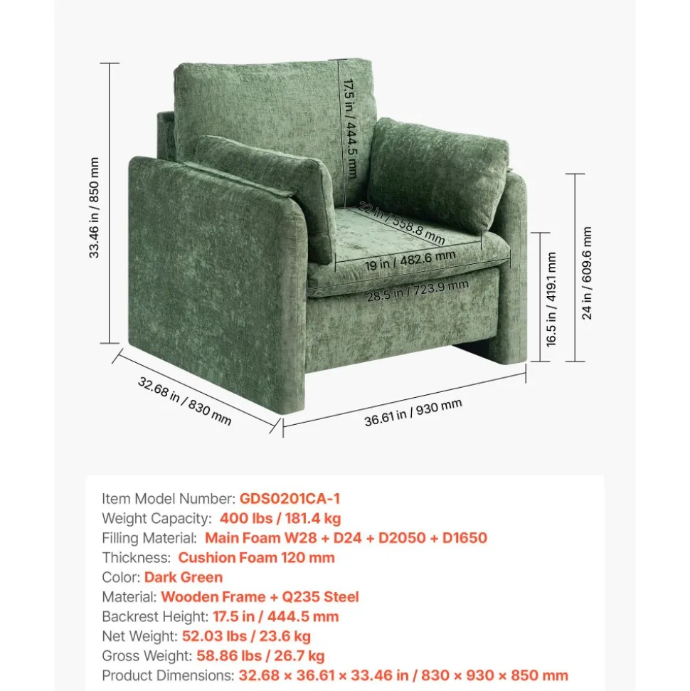 VEVOR Green Accent Chair, Modern Upholstered Accent Chair with Armrests, Cloth Arm Chairs with Thick Cushion and Arched Backrest, Single Fabric Armchair for Living Room, Bedroom, Study, Office