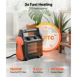 VEVOR Greenhouse Heater, 1500W Electric PTC Space Heater with Fan, Low & High Heat Modes, Overheat Protection, Tip-Over Shut-Off, Portable for Grow Tent, Small Greenhouse, Flower Room, Home Office