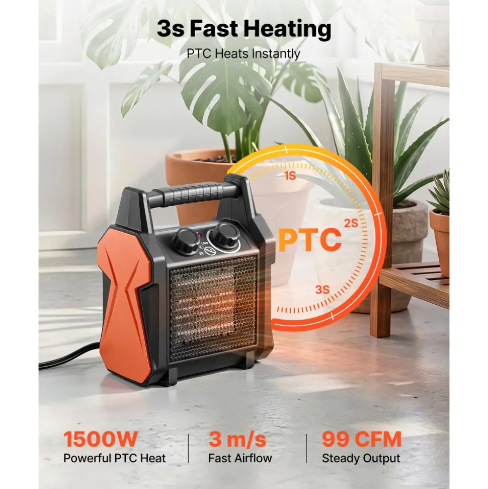 VEVOR Greenhouse Heater, 1500W Electric PTC Space Heater with Fan, Low & High Heat Modes, Overheat Protection, Tip-Over Shut-Off, Portable for Grow Tent, Small Greenhouse, Flower Room, Home Office