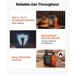 VEVOR Greenhouse Heater, 1500W Electric PTC Space Heater with Fan, Low & High Heat Modes, Overheat Protection, Tip-Over Shut-Off, Portable for Grow Tent, Small Greenhouse, Flower Room, Home Office
