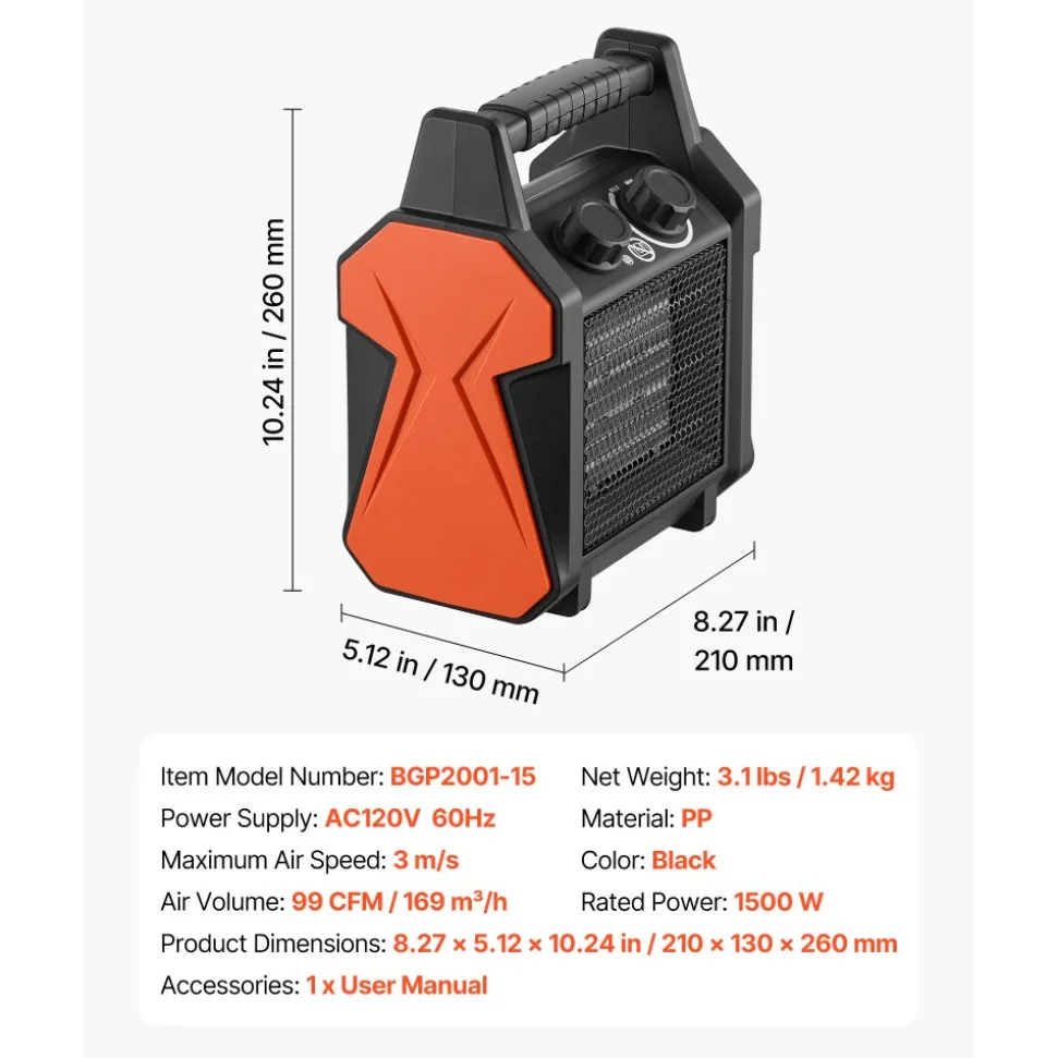 VEVOR Greenhouse Heater, 1500W Electric PTC Space Heater with Fan, Low & High Heat Modes, Overheat Protection, Tip-Over Shut-Off, Portable for Grow Tent, Small Greenhouse, Flower Room, Home Office