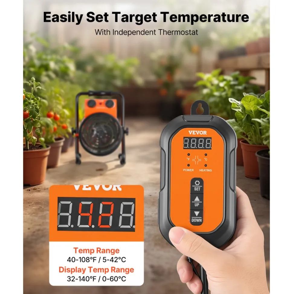 VEVOR Greenhouse Heater, 1500W Electric Space Heater with Thermostat, Heating Tube Element, 25° Adjustable Angle, IPX4 & Overheat Protection, Great for Grow Tent, Greenhouse, Flower Room, Home Office
