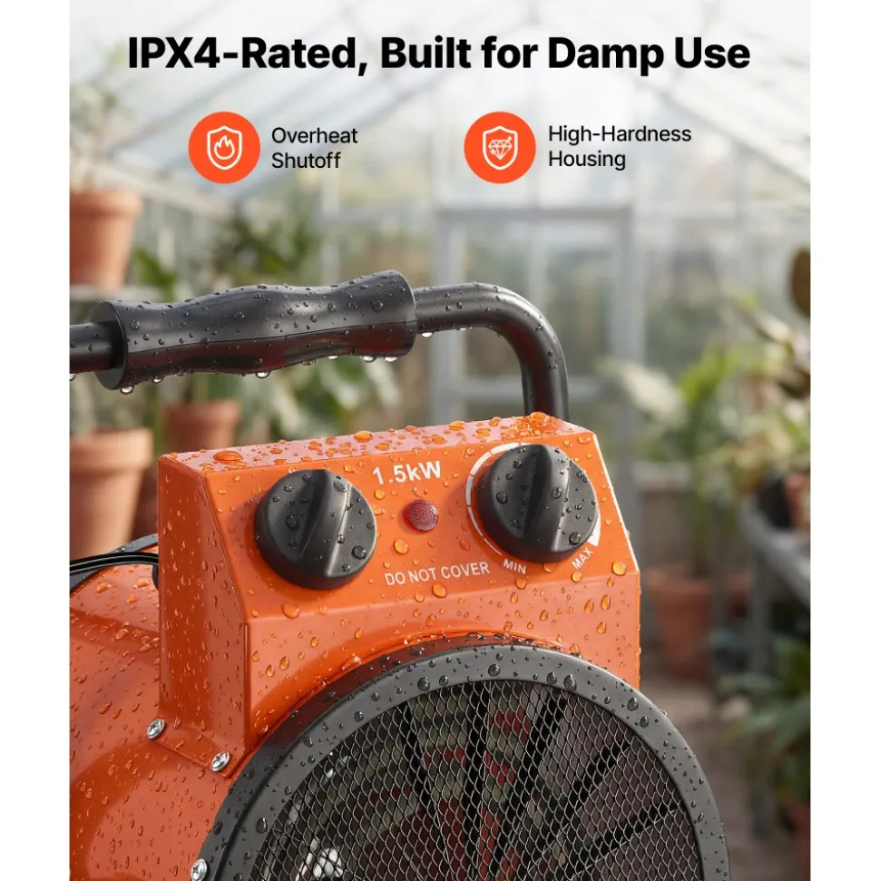VEVOR Greenhouse Heater, 1500W Electric Space Heater with Thermostat, Heating Tube Element, 25° Adjustable Angle, IPX4 & Overheat Protection, Great for Grow Tent, Greenhouse, Flower Room, Home Office