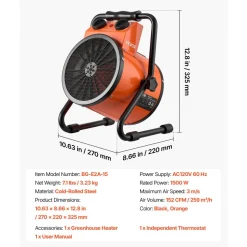 VEVOR Greenhouse Heater, 1500W Electric Space Heater with Thermostat, Heating Tube Element, 25° Adjustable Angle, IPX4 & Overheat Protection, Great for Grow Tent, Greenhouse, Flower Room, Home Office