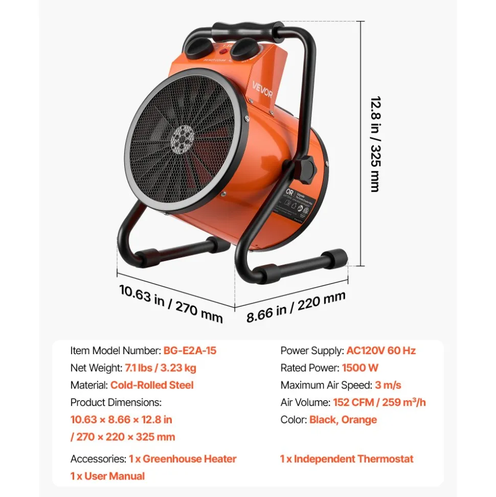 VEVOR Greenhouse Heater, 1500W Electric Space Heater with Thermostat, Heating Tube Element, 25° Adjustable Angle, IPX4 & Overheat Protection, Great for Grow Tent, Greenhouse, Flower Room, Home Office