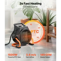 VEVOR Greenhouse Heater, 1500W Electric PTC Space Heater with Thermostat, Fan, Low & High Heat Modes, 15° Adjustable Angle, Overheat Protection, for Grow Tent, Greenhouse, Flower Room, Home Office