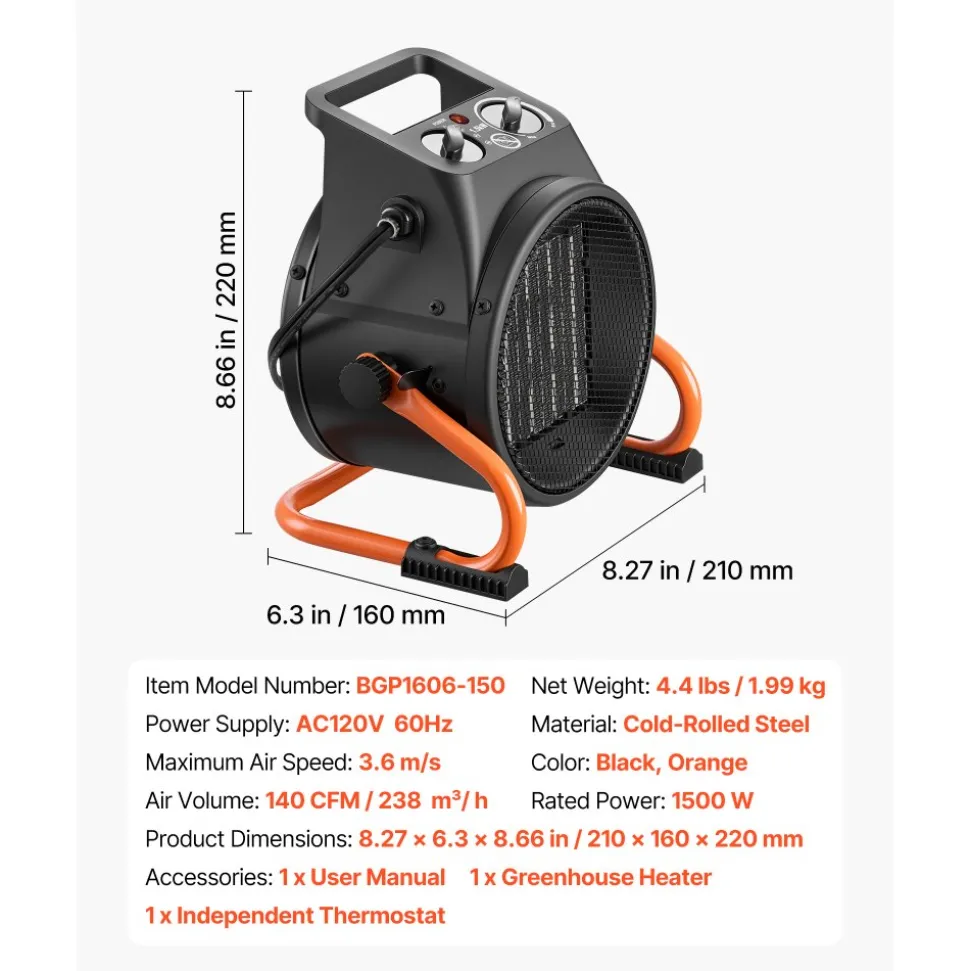 VEVOR Greenhouse Heater, 1500W Electric PTC Space Heater with Thermostat, Fan, Low & High Heat Modes, 15° Adjustable Angle, Overheat Protection, for Grow Tent, Greenhouse, Flower Room, Home Office